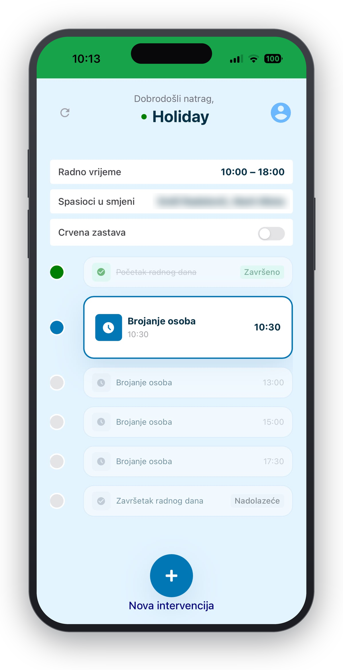 Početni ekran mobilne aplikacije Spasioci na početku smjene