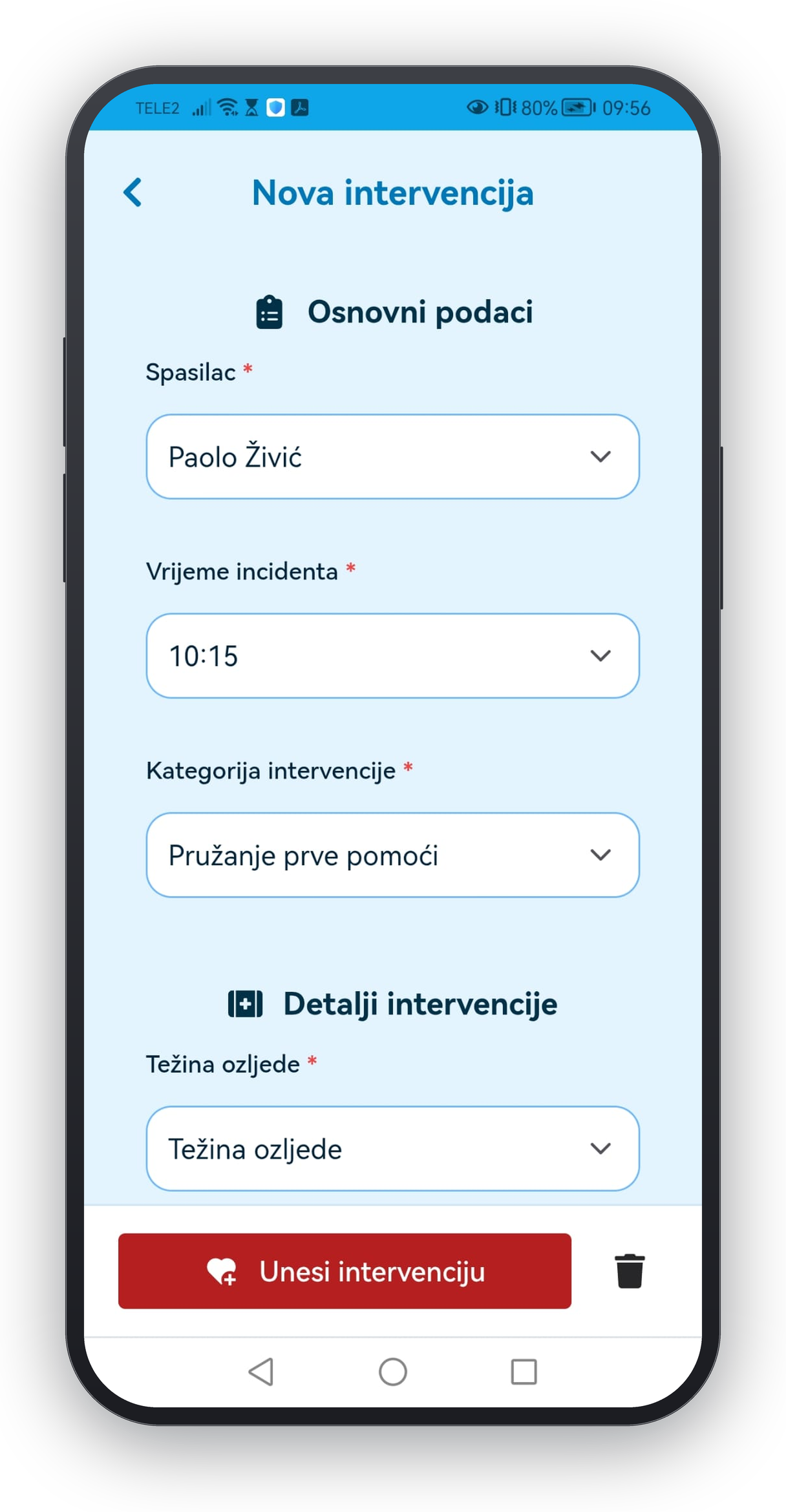 Unos intervencije u aplikaciji Spasioci