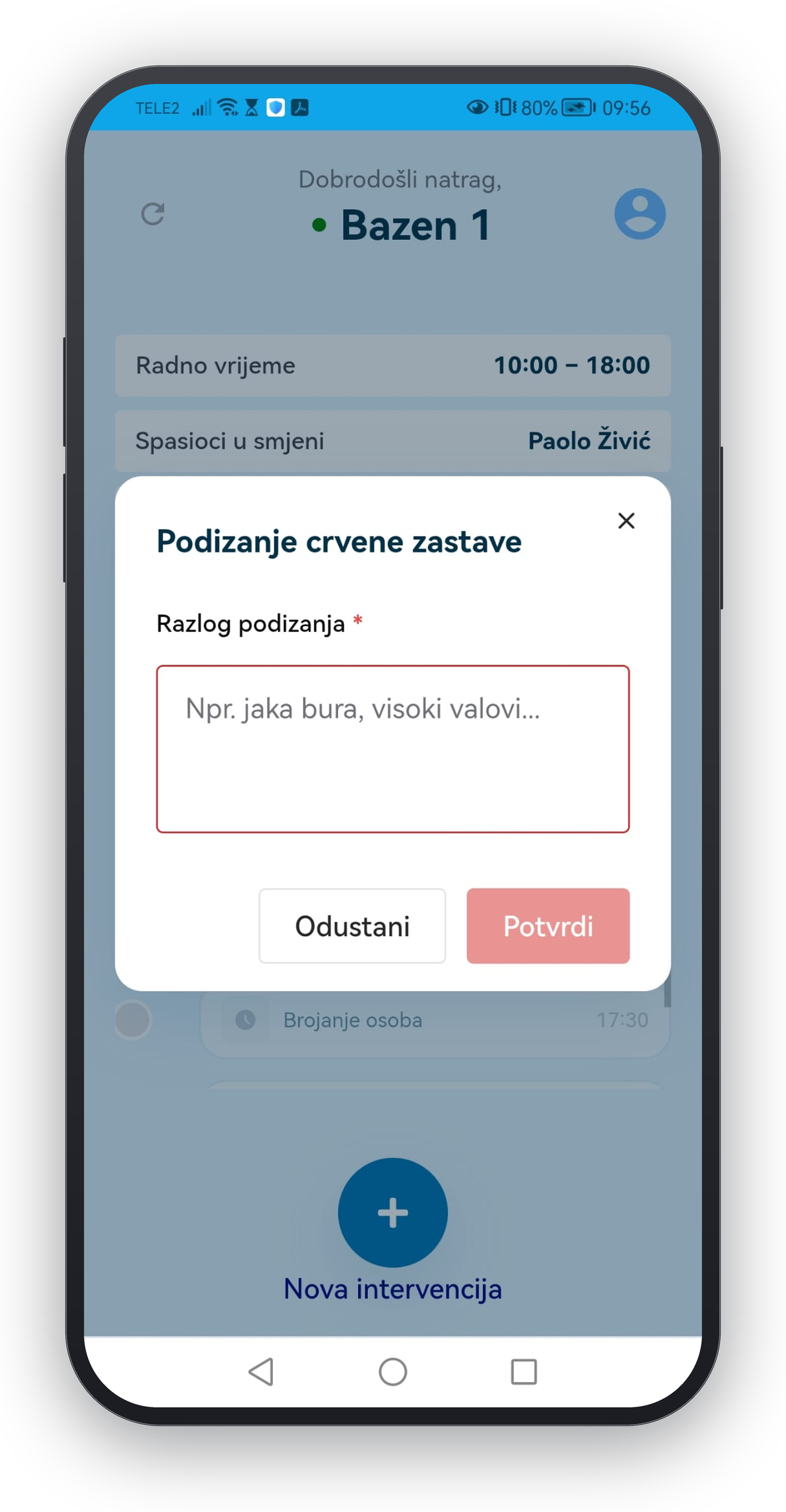 Podizanje crvene zastave u aplikaciji Spasioci