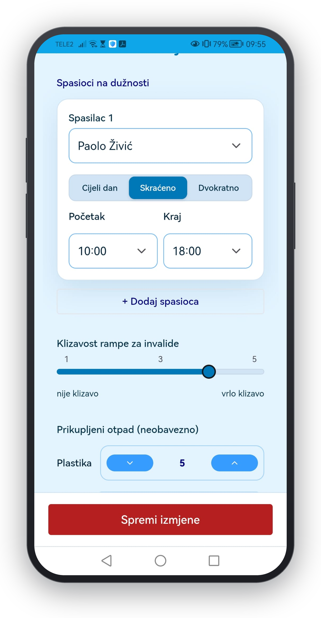 Početni ekran aplikacije Spasioci na početku smjene