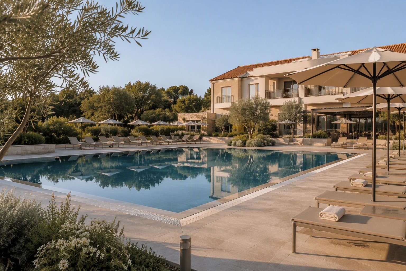 A hotel pool with sun loungers and parasols